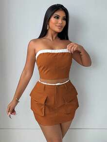 Zolique Women's Contrast Color Cropped Bandeau Top And Utility Midi Skirt Casual 2 Pieces Set