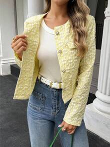 Selianne Women's Casual Jacquard Front Button Round Neck Jacket, Autumn