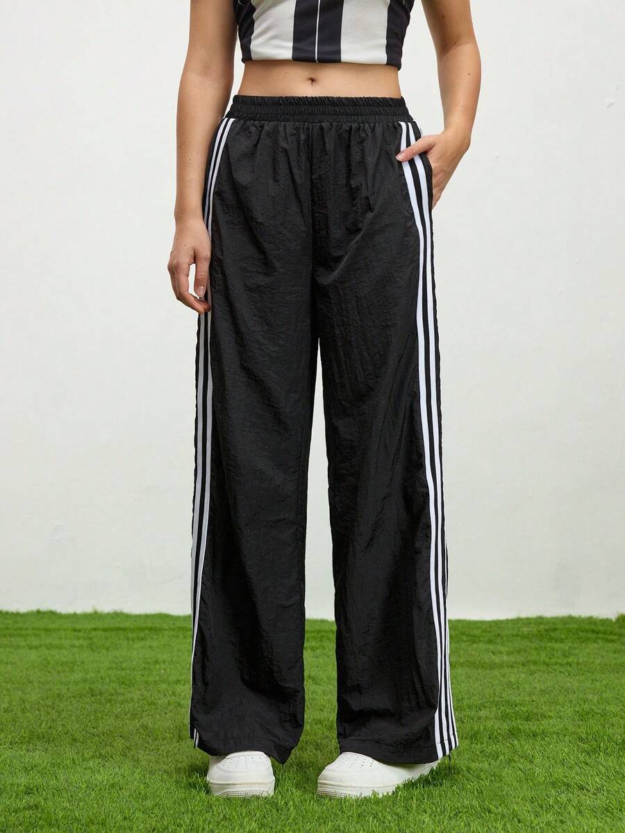 SHEIN Sports Women's Side Stripe Contrast Color Sports Pants - Black - View 1