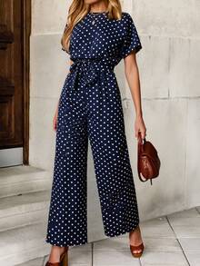 Solivie 波點圖案蝙蝠袖腰帶闊腿連體褲 - 藏蓝色 - 查看 3