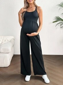 SHEIN 休闲百褶宽松直筒可调节肩带孕妇连体裤 - 黑色 - 查看 5