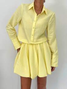 SHEIN Essnce 2 件套女士清爽柠檬黄泡泡裙和透明衬衫套装，夏季 - 黃色 - 查看 1