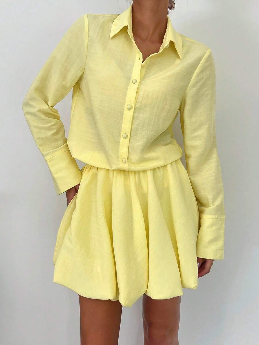 SHEIN Essnce 2 件套女士清爽柠檬黄泡泡裙和透明衬衫套装，夏季 - 黃色 - 查看 1