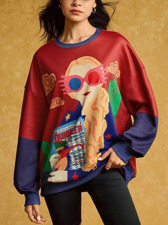 HARRY POTTER X SHEIN Women's Casual Fashionable Street College Style Funny Cartoon Character Print Color Block Loose Pullover Sweatshirt, Spring/Autumn