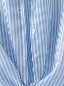 Franclia Elegant French Style Striped Collared Long Sleeve Tie-Front Blouse For Women, New Autumn - Blue - View 3