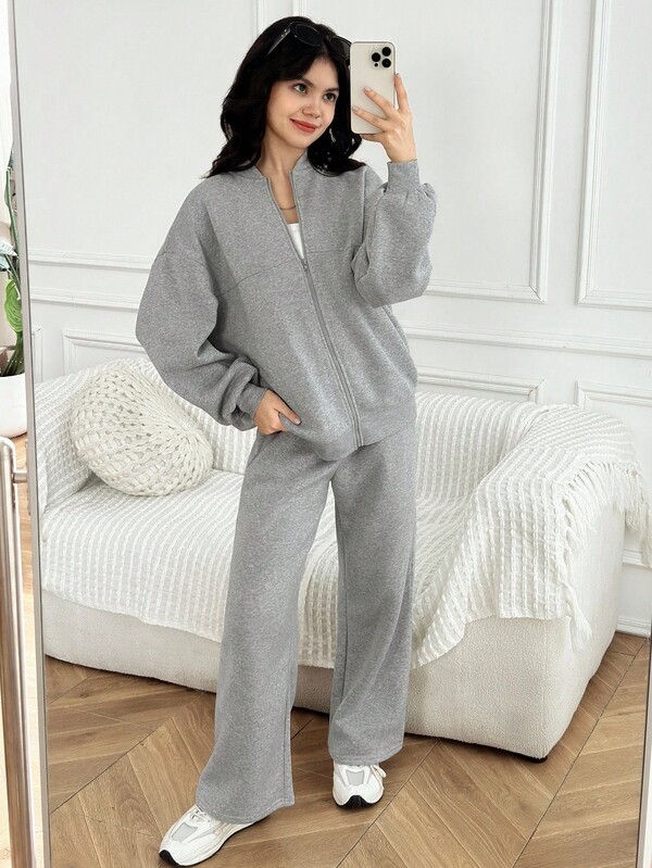 Teen Girl Casual Sports Raglan Zip-Up Splice Long Sleeve Loose Drop Shoulder Hoodie Jacket & Pleated Wide Leg Pants Set, Children Sports Suit Jacket Set, Heather Gray