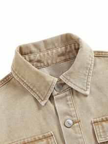 Y2Kool 女士做旧牛仔夹克外套，休闲街头风，秋冬牛仔衬衫短款牛仔夹克短款外套牛仔夹克派对外套时尚服装系列新年穿搭 - 卡其色 - 查看 4