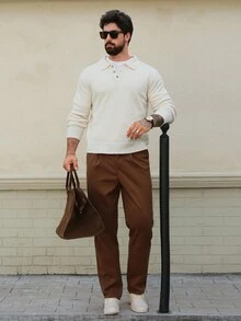 DAZY Men's Apricot Solid Color Polo Neck Sweater, Autumn - White - View 4