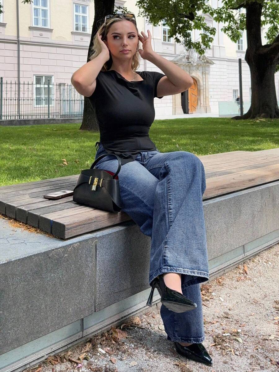 Jeta Ari Solid Color Pocket Casual Loose Fit Jeans - Blue - View 1