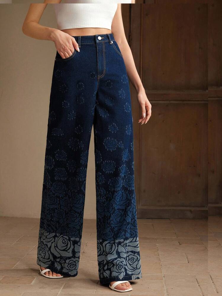 Pantalones vaqueros de pierna ancha azul lavado con estampado floral de rosa, para primavera/verano