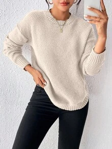 EMERY ROSE Women's Casual Loose Fit Drop Shoulder Crew Neck Long Sleeve Solid Color Sweater, Autumn - Khaki - View 6