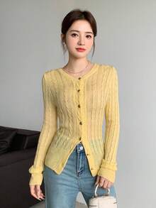 SHEIN LUNE Women's Casual Solid Color Cable Knit Button-Front Yellow Cardigan, Lightweight For Autumn Fall Winter Cloth For Women - Yellow - View 4
