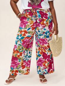 Comfylo Plus Size 2pcs Short Sleeve Bow Decor T-Shirt With Colorblock And Elastic Waist Loose-Fit Straight-Leg Allover Print Pants, For Summer,Holiday Outfits Boho Fall Clothes For Women Fall Outfits Women