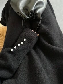 FRIFUL 女式黑色纯色宽松中长连衣裙，高领，落肩，长袖，仿珍珠装饰袖口，休闲百搭，秋季毛衣裙 - 黑色 - 查看 3