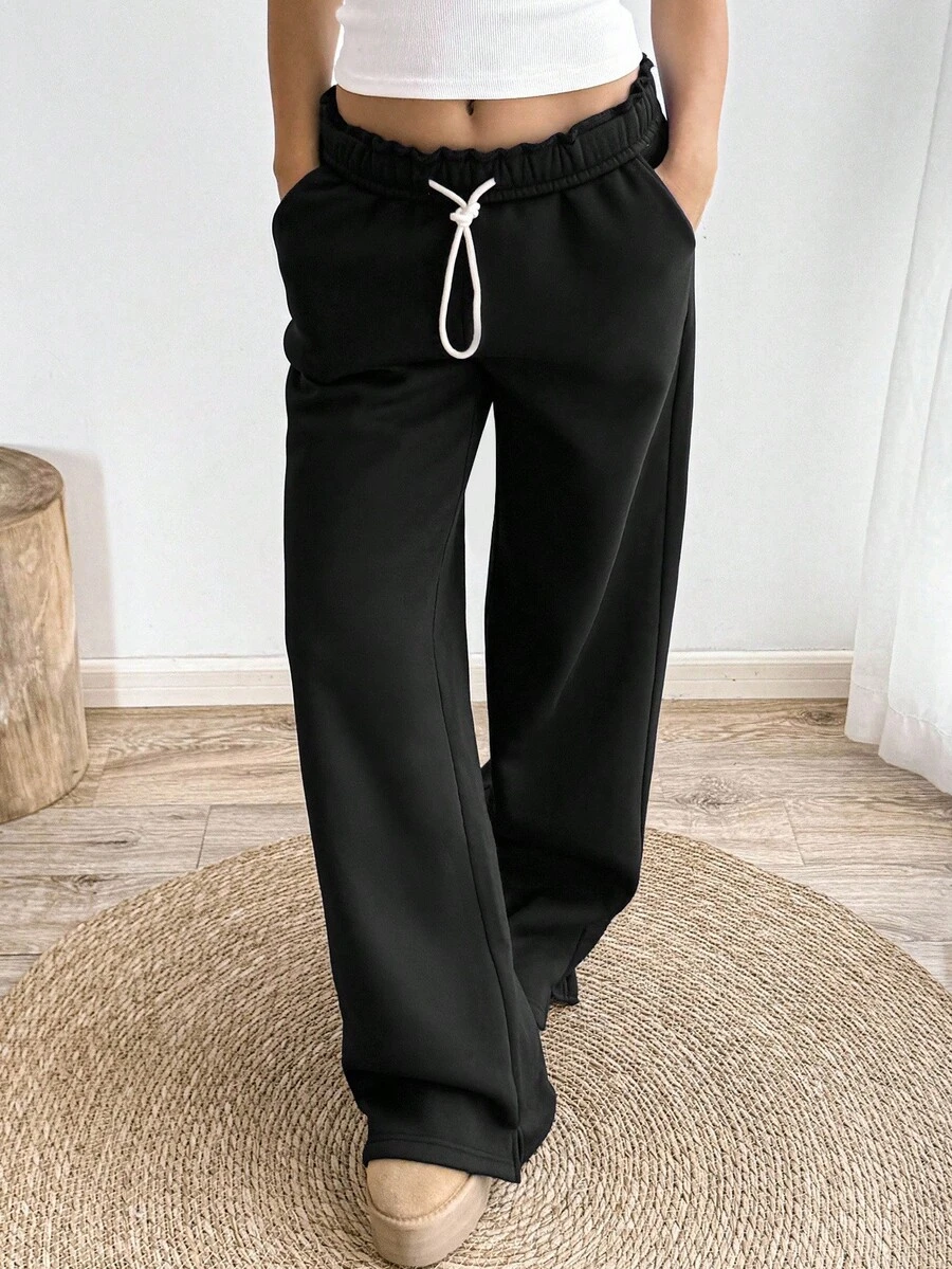 Flirla Pantalón de chándal largo de estilo casual de calle para mujer con cintura plegable, cordón, bolsillo en diagonal y pierna recta de color gris - Negro - Ver 1