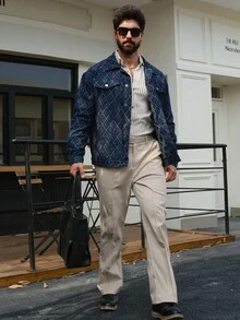 DAZY Autumn Textured Plaid Denim Fabric Men's Denim Jacket - Blue - View 5