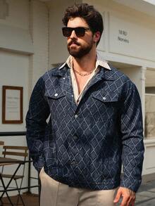 DAZY Autumn Textured Plaid Denim Fabric Men's Denim Jacket - Blue - View 7