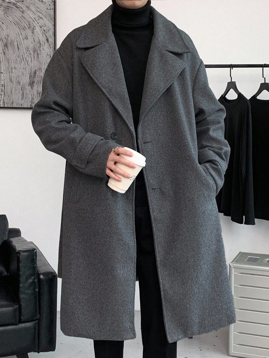 Claim Dot Loose Fit Men's Lapel Collar Drop Shoulder Belted Long Sleeve Overcoat, Fall Winter - Grey - View 1