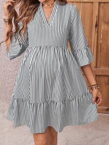 SHEIN 女式短袖立领条纹衬衫裙 - 淺灰色 - 查看 6