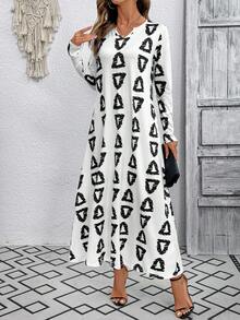 EMERY ROSE Váy dài tay cổ chữ V họa tiết hình học tối giản giản dị - Nhiều màu - Xem 6