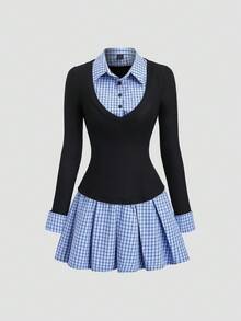 Sweetra 秋季学院风格子衬衫领拼接女式短款连衣裙 - 黑色 - 查看 4