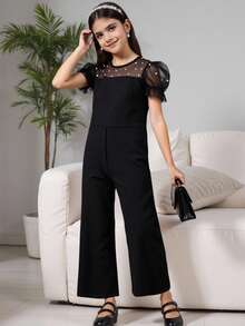 青春期前女孩优雅派对舞会礼服仿珍珠和网眼拼布连身裤