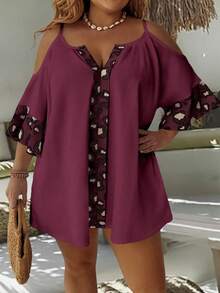 EMERY ROSE Camisa casual holgada con estampado de leopardo y hombros descubiertos para mujer de talla grande - Burdeos - Ver 4
