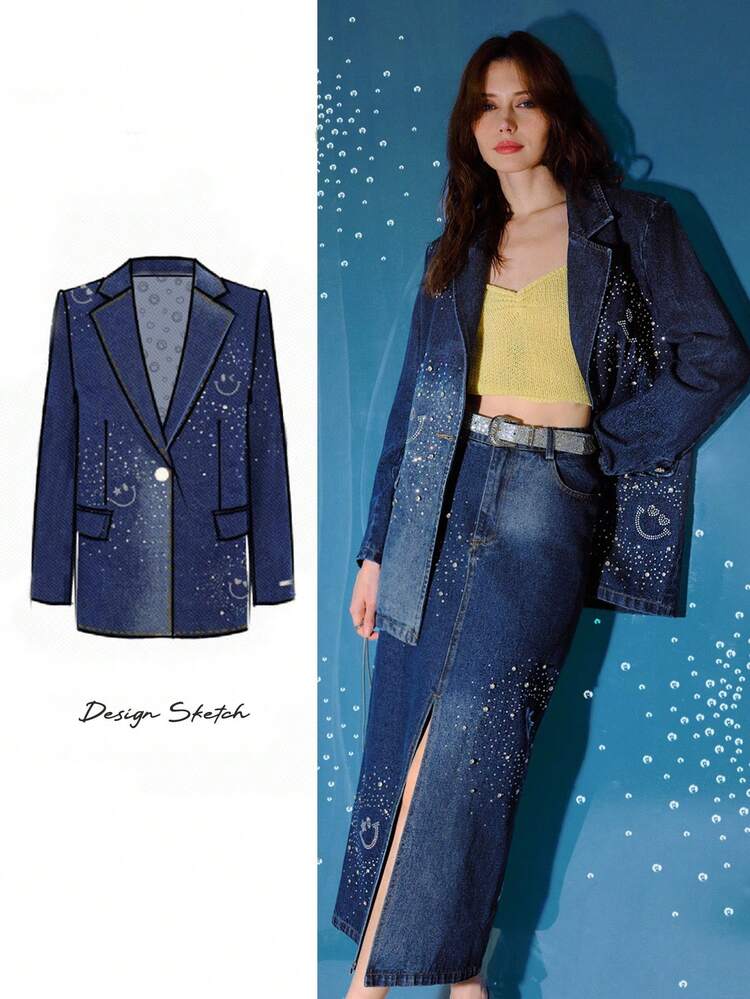 S.W.Smiley x MOTF LAPEL COLLAR RHINESTONE DETAIL WASHED DENIM COAT