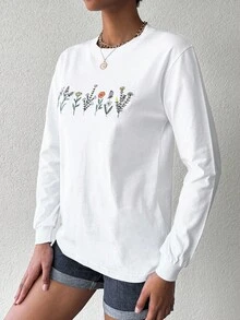 EURMUSE 100%Cotton Floral Print Round Neck Sweatshirt - White - View 4