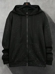 Manfinity Homme Plus Size Men's Casual Zip-Up Hoodie With Metallic Texture, Fall, Long Sleeve Top - Black - View 3