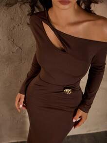 Rafferiza Women Summer Dark Brown Autumn Elegant Dining Long Maxi Dress, Off-Shoulder Hollow Shirred Cinched Waist Long Sleeve Party Graduation S - Coffee Brown - View 5