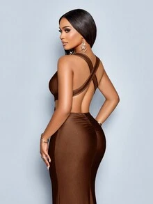 SOLERSUN Vestido largo elegante de mujer de unicolor con escote en V profundo, espalda descubierta y silueta ajustada de cola de pez - Café - Ver 2