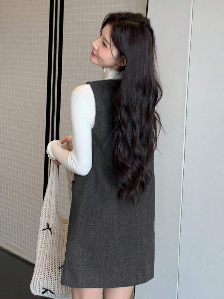 Women's Casual Solid Color Front Button Sleeveless Mid-Length Dress, Autumn/Winter Maxi Dress