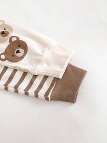 Cozy Pixies 4件套婴儿男女童贴身睡衣套装，卡通熊图案和条纹印花，柔软针织圆领长袖上衣和松紧腰长裤，弹性面料，四季皆宜