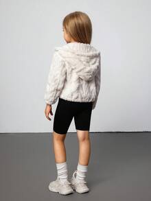 SHEIN 1pc Girls Young Girl Autumn/Winter New Wheat Ear Plush Jacquard Embroidered Hoodie Zipper Front Long Sleeve Cute Casual Thicken Fleece Outerwear, Fashion & Versatile - Beige - View 2