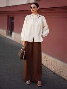 Ontre 2025 New Women's Hollow Embroidery Patchwork Button Lantern Sleeve Loose Fit Casual Office Elegant Teacher's Day Blouse, Suitable For Autumn/Winter