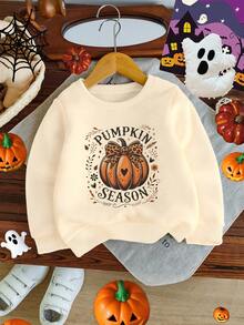 Tween Girls Cute Beige Autumn Halloween Pumpkin Season Leopard Print Bow Graphic Crew Neck Long Sleeve Sweatshirt,Fashionable Matching Family Tops - Apricot - View 1
