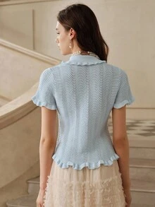 SHEIN Unity Cardigan Rajut Slim-Fit Elegan untuk Wanita, Biru Muda, Musim Gugur, Kencan Malam, Desain Gelombang, Kerah Berkerut, Lengan Pendek, Kancing Mutiara, Ringan, Musim Panas - Baby Blue - View 2