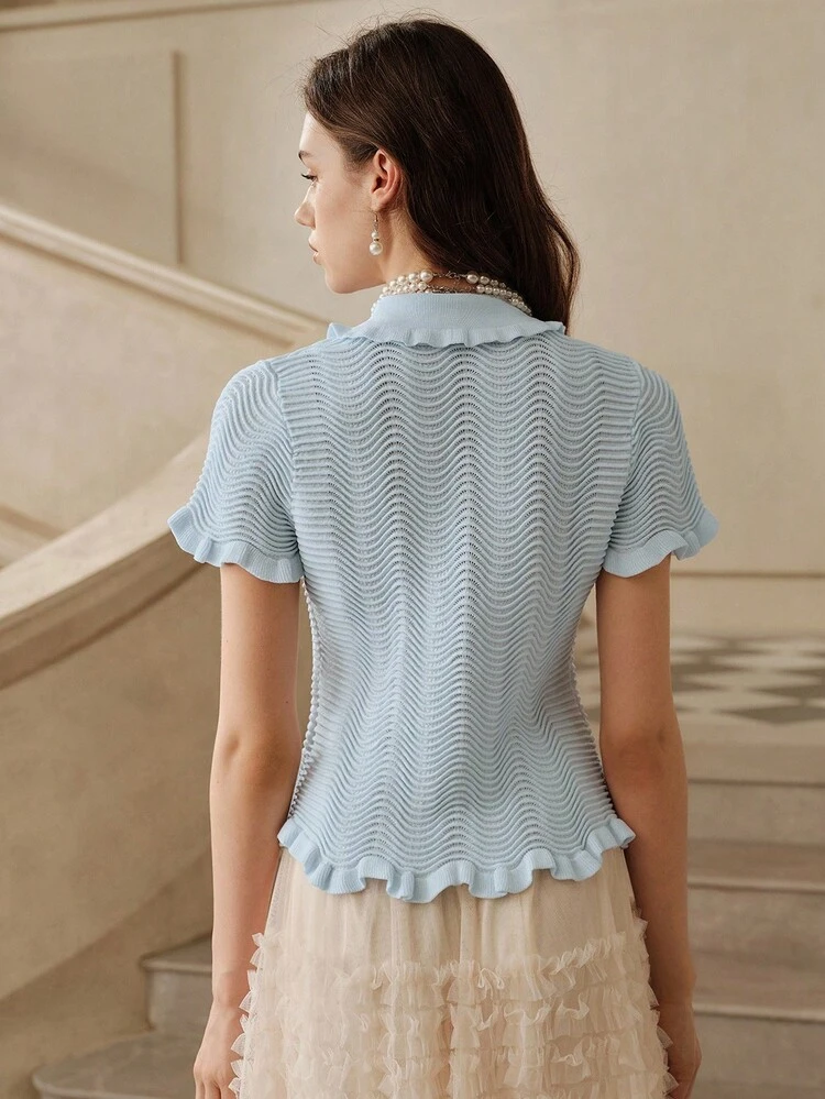 Elegant Slim-Fit Knit Cardigan For Women, Featuring Romantic Wave Design, Ruffled Collar, Short Sleeves, Pearl Buttons, Lightweight, Sky Blue, Suitable For Summer