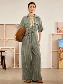 Florisole 女式条纹腰带口袋翻领短袖休闲连体裤