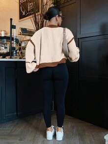 SAYEHFBABY Áo khoác cardigan tay dài tua rua viền đèn lồng tương phản, áo dài tay - Nhiều màu - Xem 2