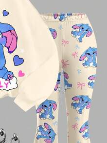 SHEIN Tween Girl Back-To-School Beige Autumn Cute School Knit 2 Pieces Set,Cartoon Blue Rabbit Lulu Stitch Graphic Loose Sweatshirt&Flare Leg Pants,Retro - Multicolor - View 5