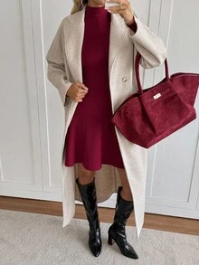 Easowa 高领修腰 A 字中长连衣裙，长袖休闲宽松通勤复古风格女式短裙 - 酒紅色 - 查看 6