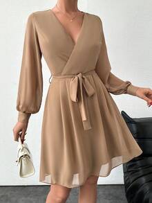 包覆式圓領長袖裙 - 駝色 - 查看 5