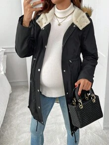 SHEIN 秋装，秋季服装，孕妇冬装孕妇休闲加厚连帽三合一夹克孕妇冬季外套冬季夹克加大码夹克女士外套 - 黑色 - 查看 6