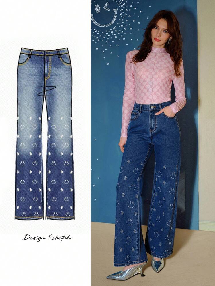 S.W.Smiley x MOTF RHINESTONE SMILE FACE PATTERN WIDE LEG JEANS