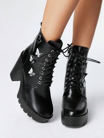 Grunge Punk Stivali da donna stile gotico con punta tonda, tacco chunky, platform, fibbia, stile punk, in pelle PU nera con tacco alto, adatti per feste, uso quotidiano, per aumentare l'altezza e allungare le gambe, Ognissanti