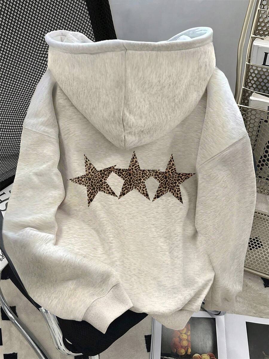 INAWLY Women's Leopard Print & Star Graphic Long Sleeve Casual Sweatshirt, Autumn, Christmas - Light Grey - View 1