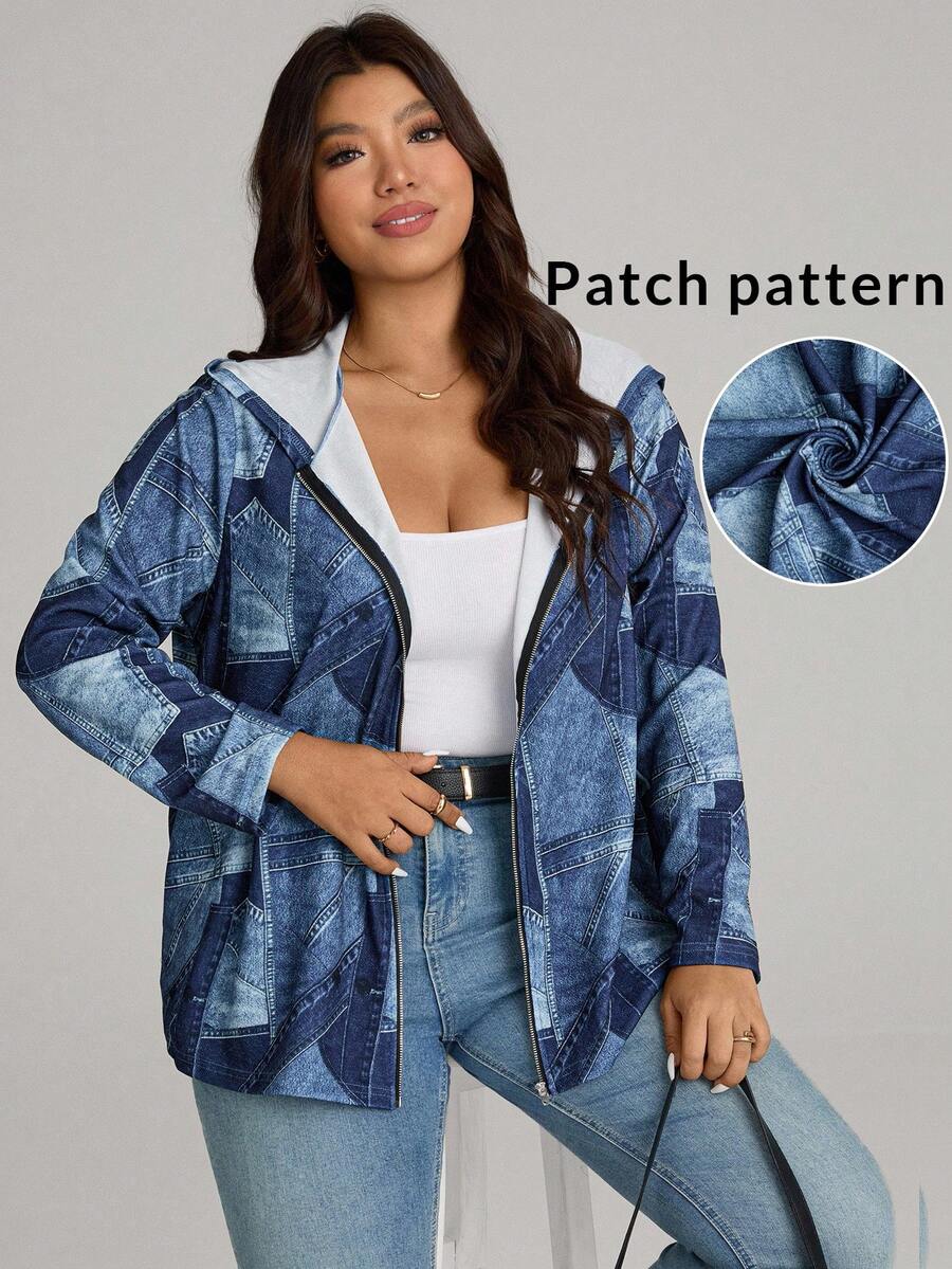 Comfylo Quần áo mùa đông cỡ lớn mùa thu thường ngày vá & áo khoác hoodie màu xanh in có khóa kéo có túi