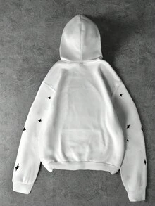 PAVTROS 男士字母与星星印花口袋落肩宽松羊毛抽绳连帽衫，秋冬 - 白色 - 查看 2